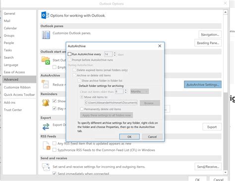 outlook 2010 archive settings
